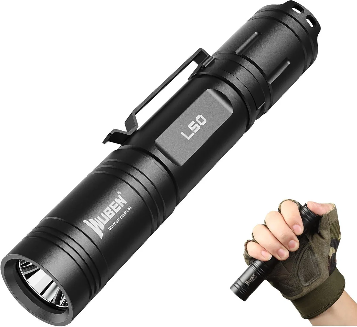 Black cylindrical tactical flashlight with Type-C charging port