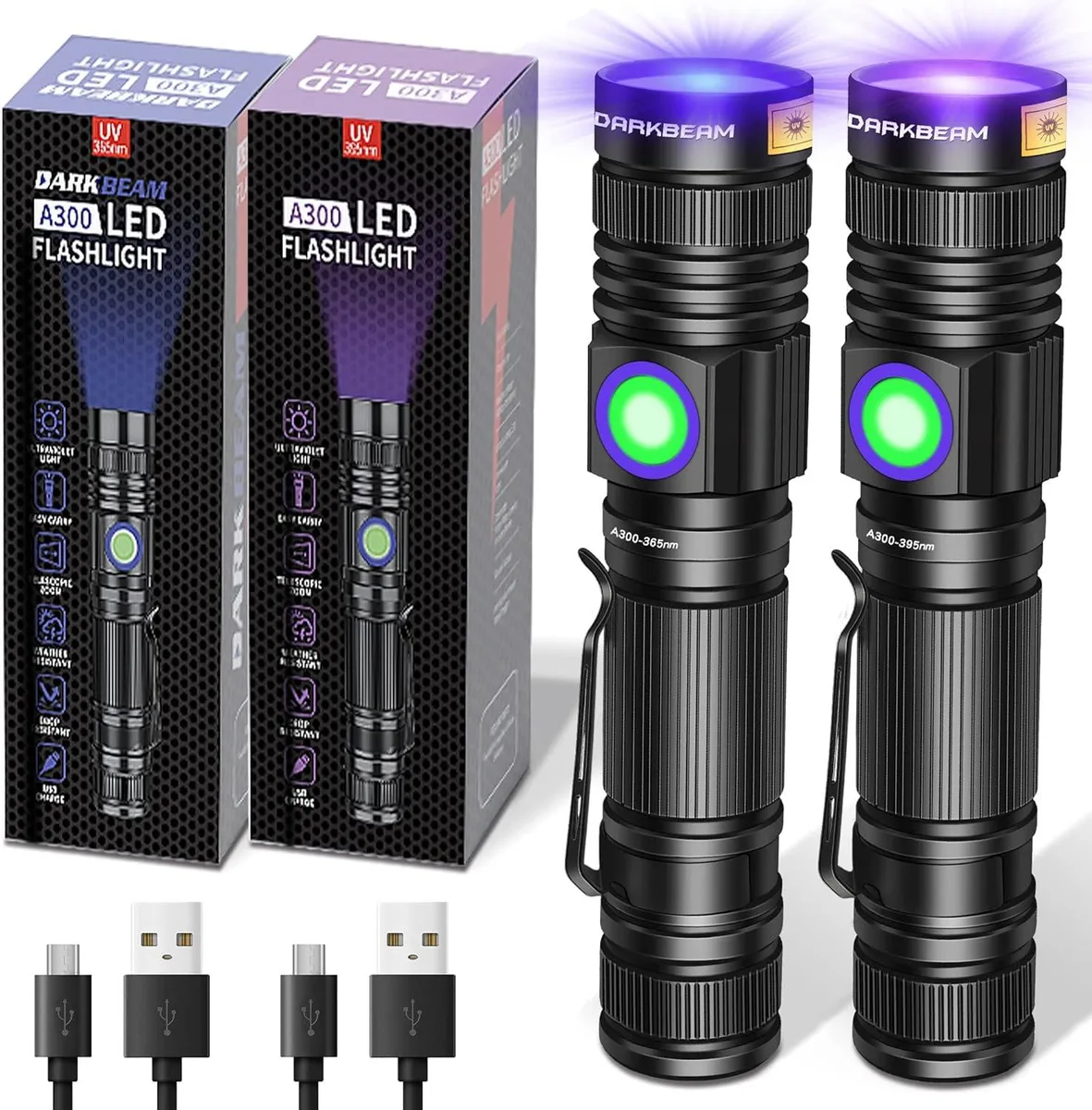 Two black cylindrical UV flashlights side by side