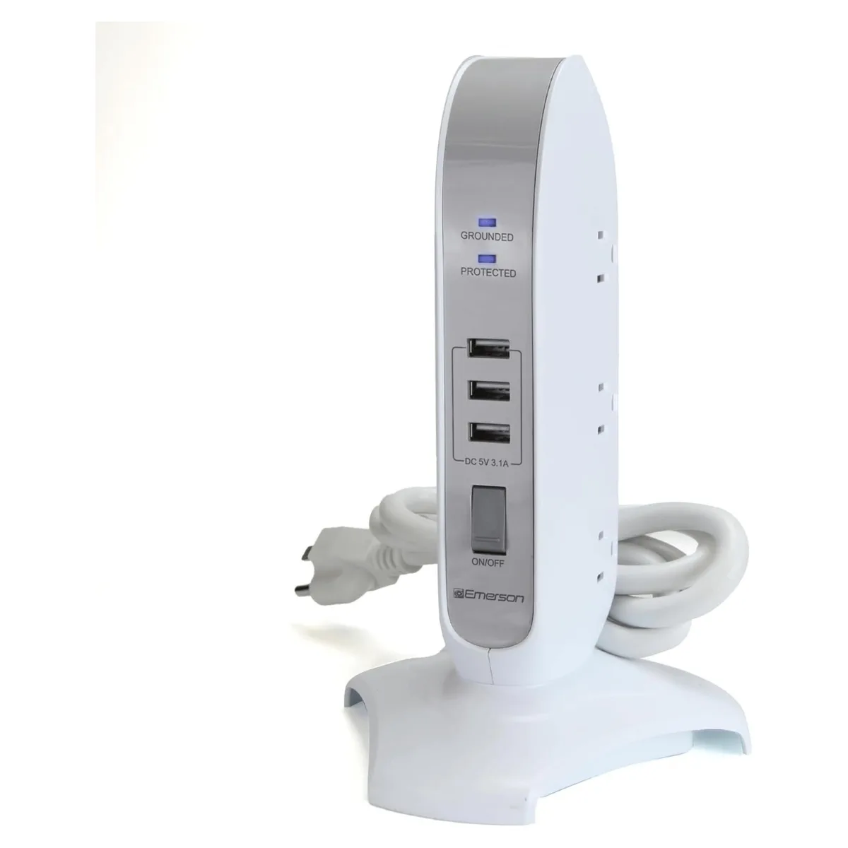 Emerson Emerson 5-Outlet USB Charging Tower Surge Protector White 980J 3.1A 4ft — product photo