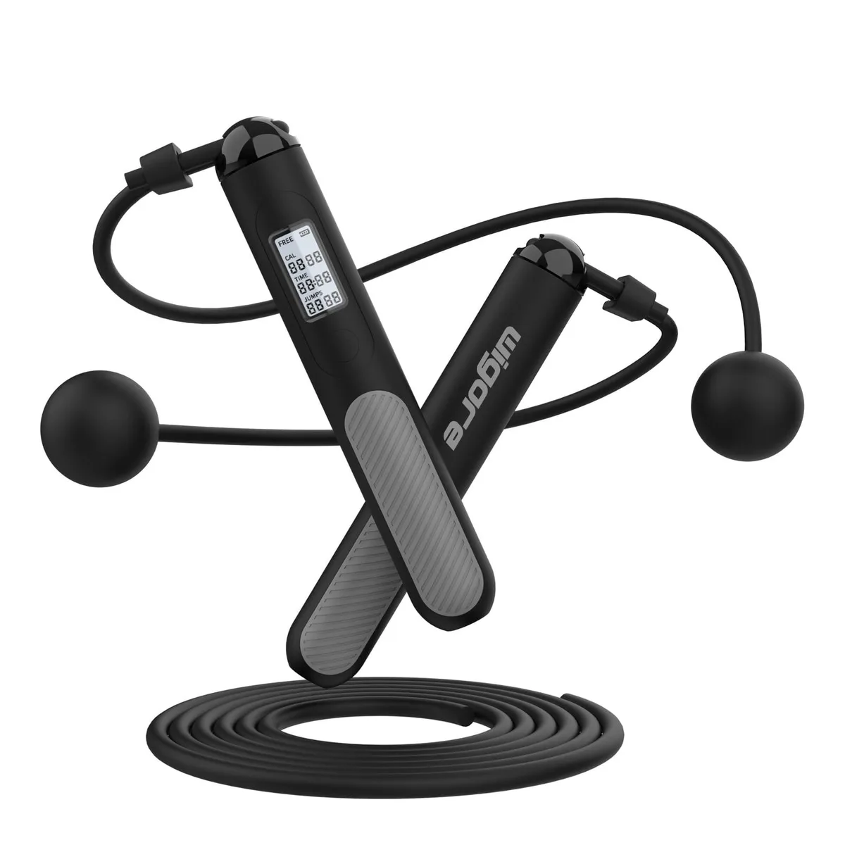 Two handles with LCD screens, 32 g silicone balls on short cords, 3 m PVC rope coiled nearby