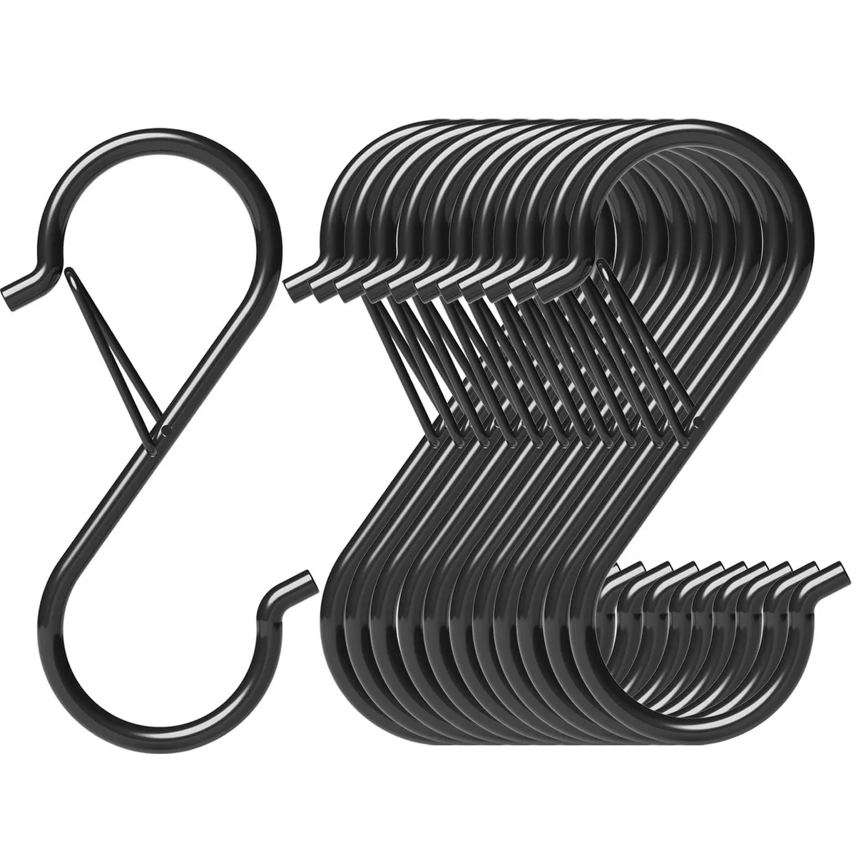 Twelve metal S-hooks with safety latches, 3.5 inch vinyl-coated finish