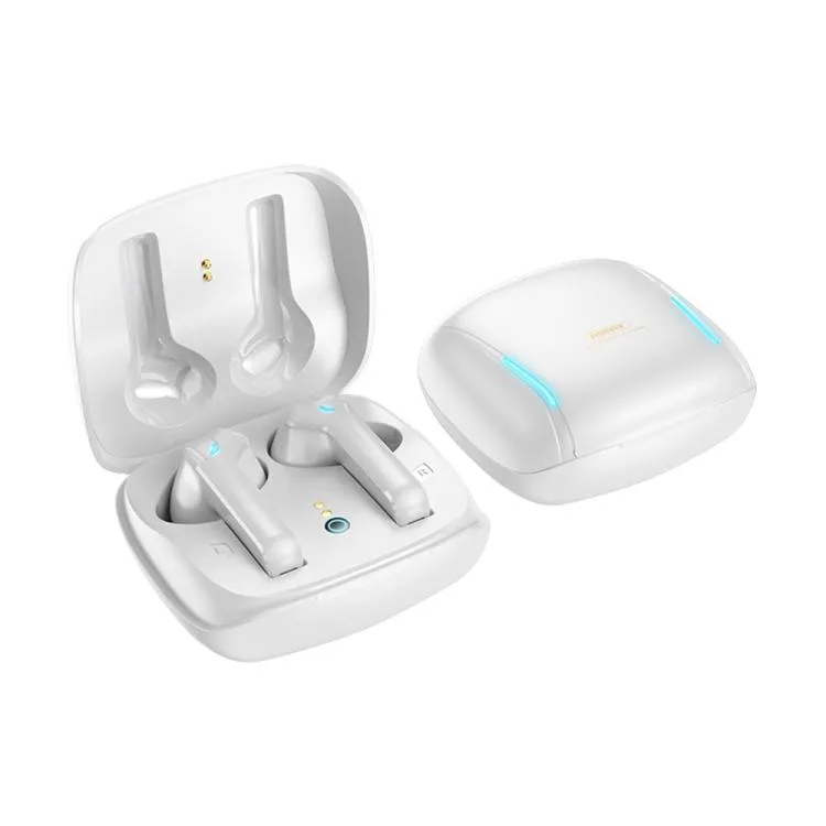 White true wireless earbuds in compact charging case