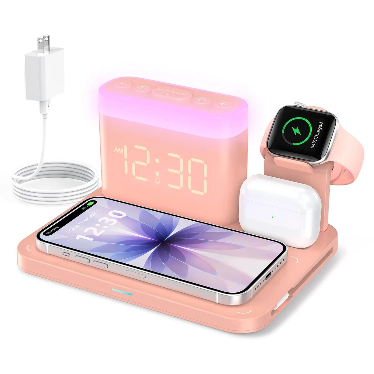 Rectangular wireless charging stand with clock display, night light ring and multiple device docks