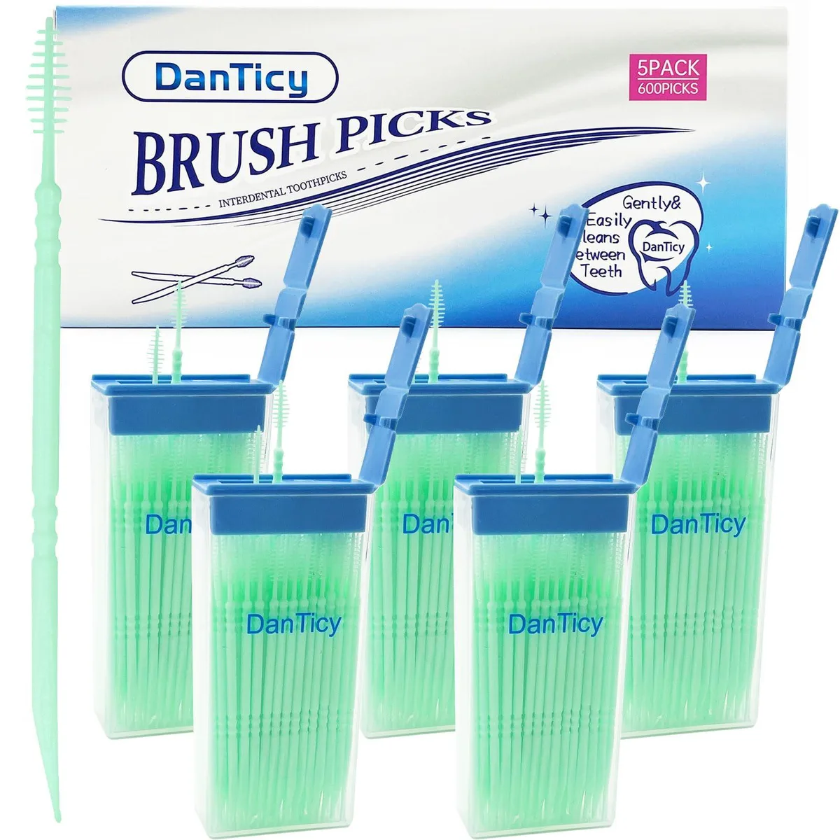 Pack of five cases holding 600 mint interdental brushpicks
