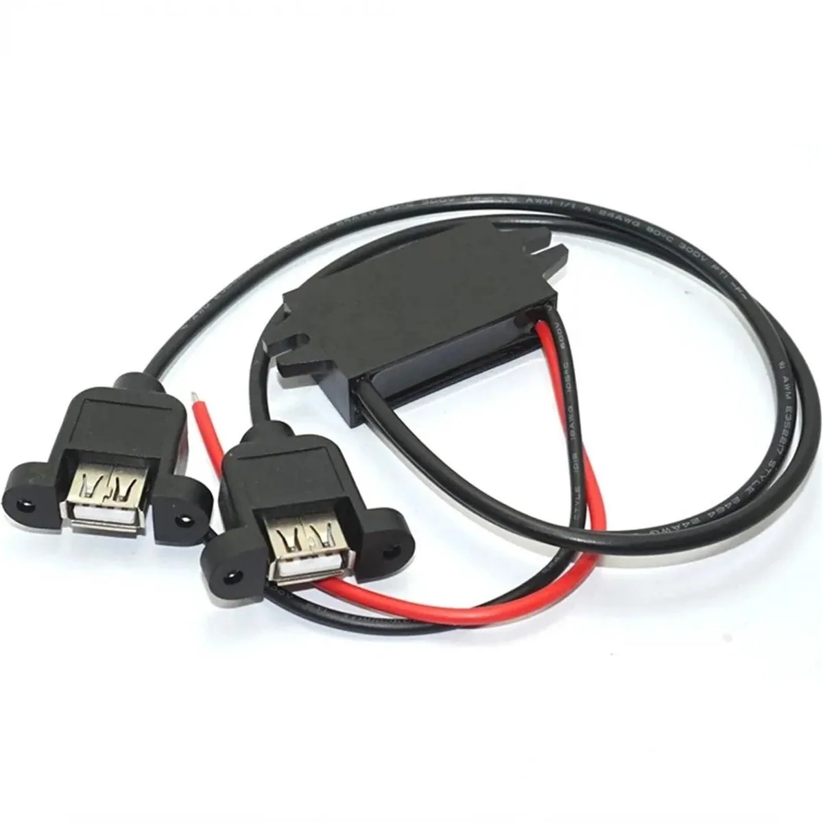 Small black USB-C power adapter with dual USB outputs