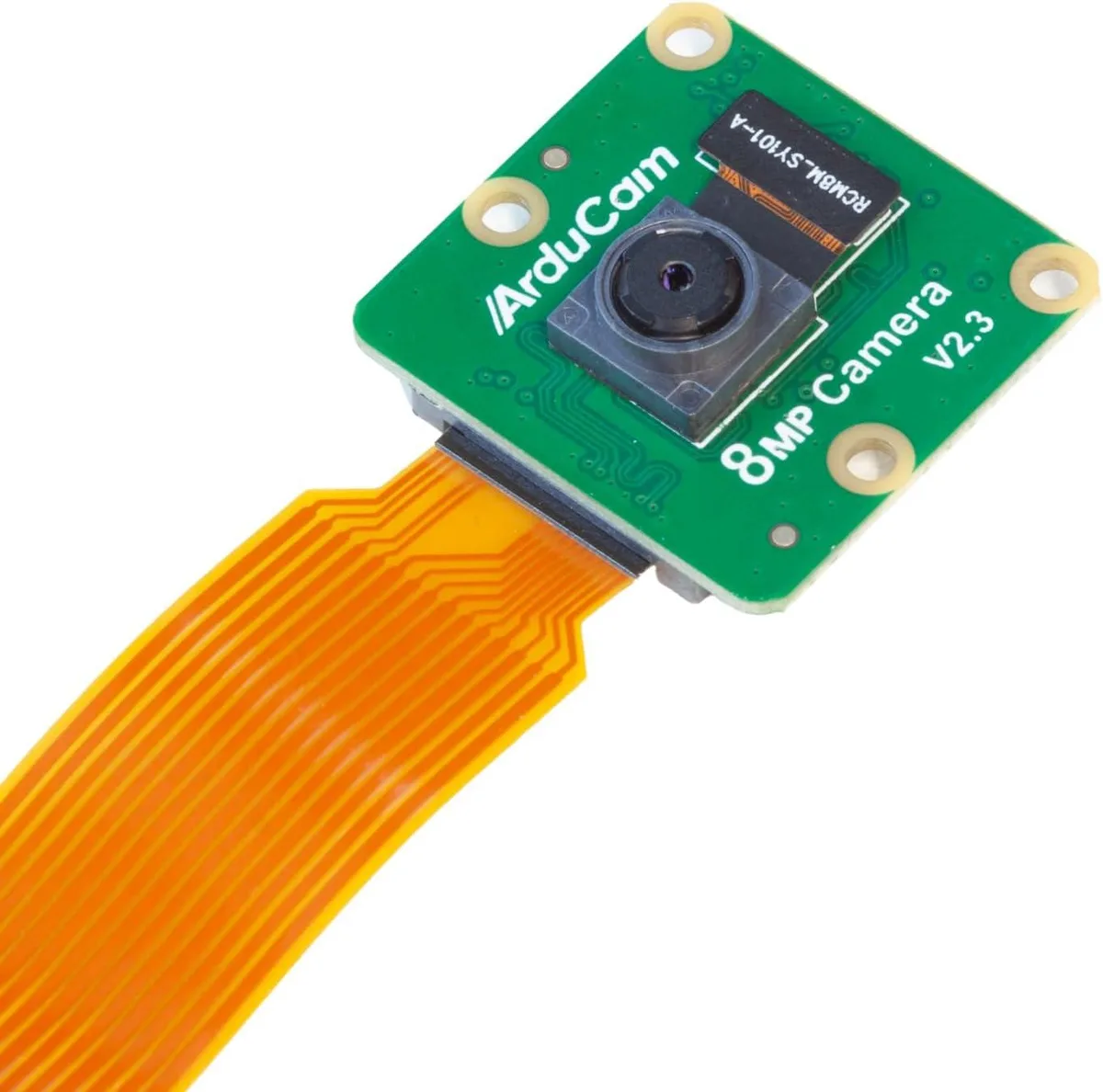 Small green circuit board with tiny camera module and two ribbon cables attached