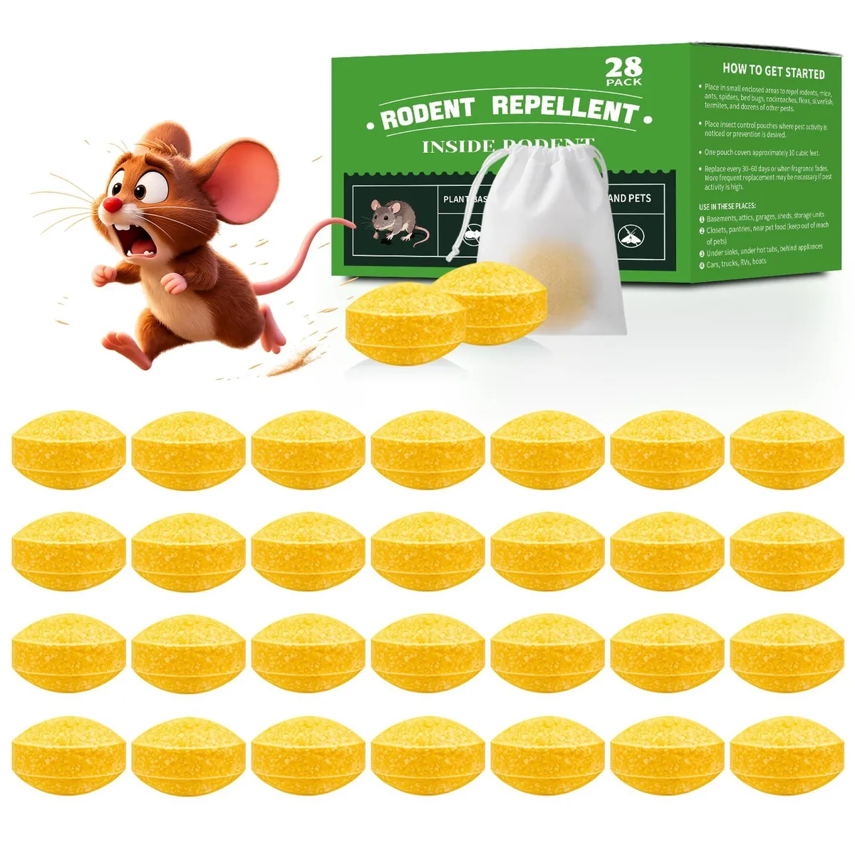 Twenty-eight small round repellent balls in mesh bags on a flat surface