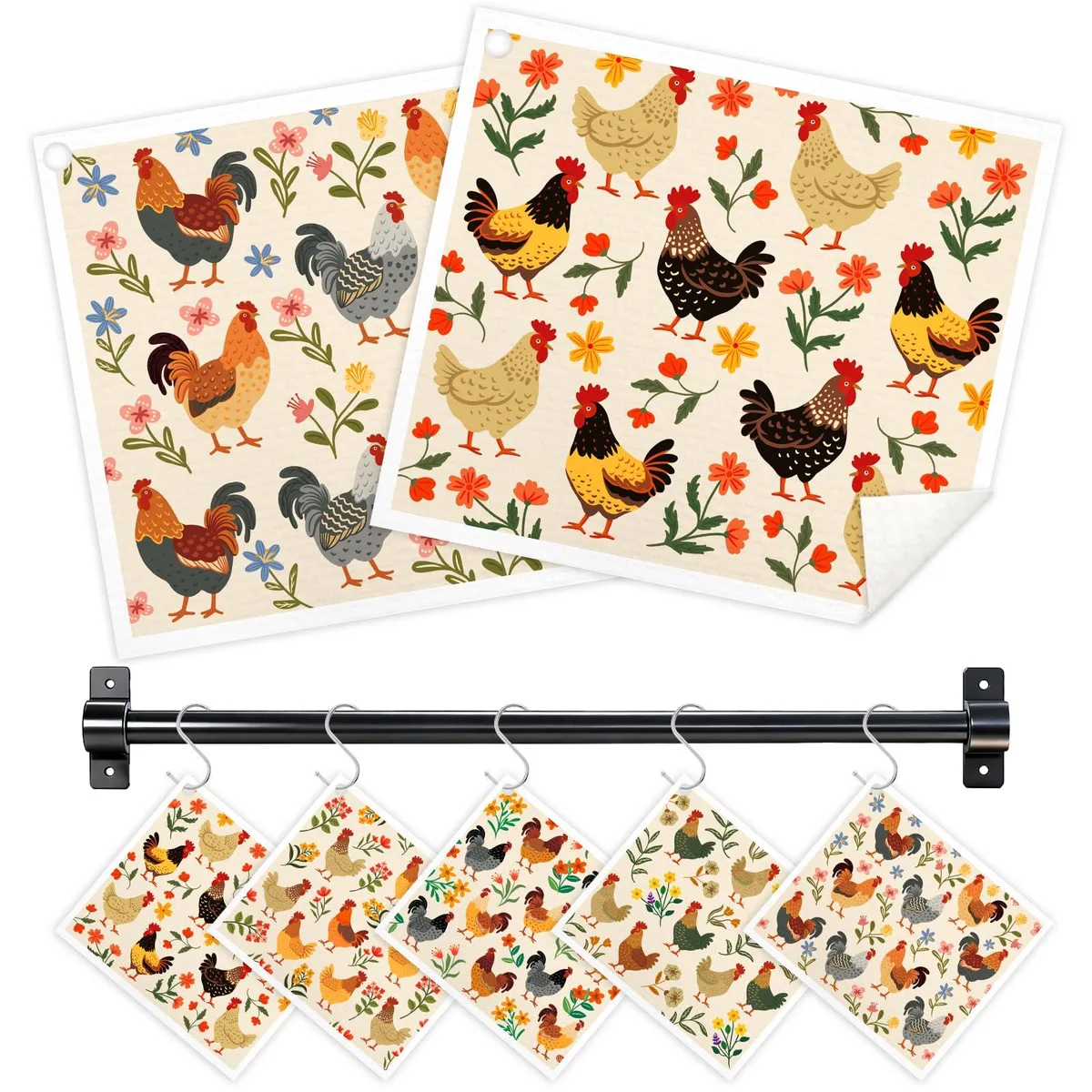 Five white rectangular cloths with chicken pattern, 8 by 7 inches, plus three hooks