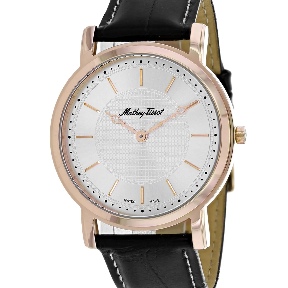 Silver dial Mathey Tissot watch with stainless steel case and leather strap