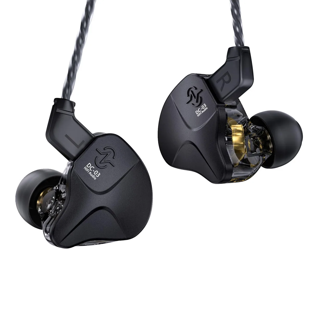 Black in-ear monitors with star-patterned shells and detachable cable