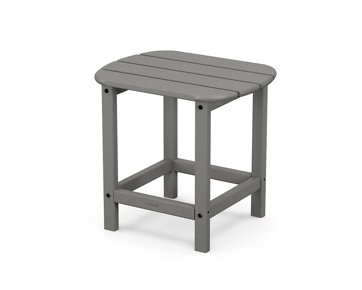 Oval slate-grey recycled-lumber side table, 15 by 19 by 18 inches