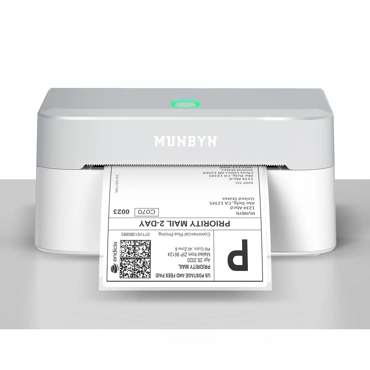 Grey rectangular thermal label printer with roll compartment and USB port