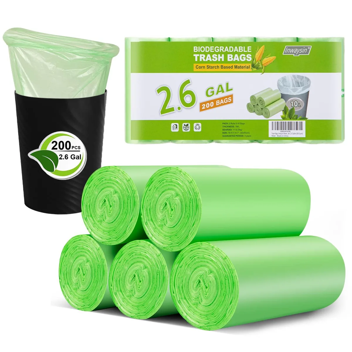 A green roll of 2.6 gallon biodegradable cornstarch trash bags