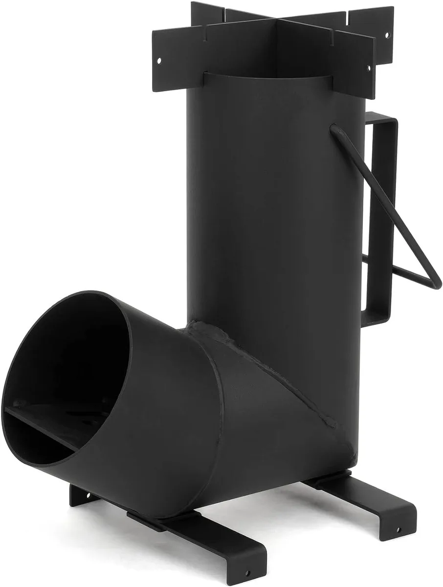 Silver steel rocket stove, 13.7 in tall, carry handle, pot holder legs visible