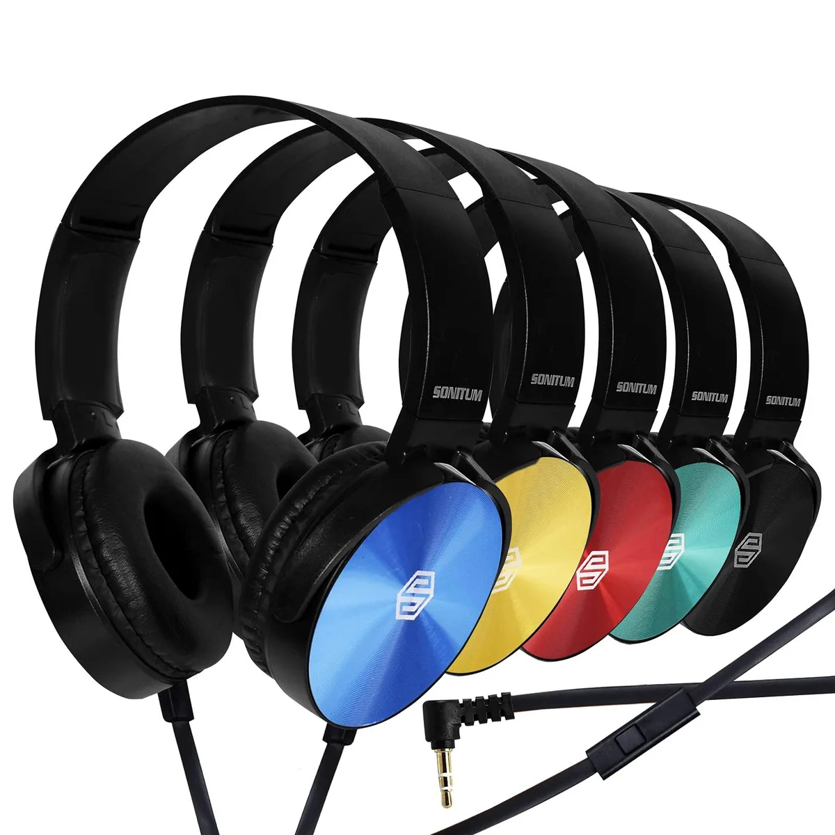 Five red on-ear headphones with swivel pads and boom mics, 3.5 mm plugs