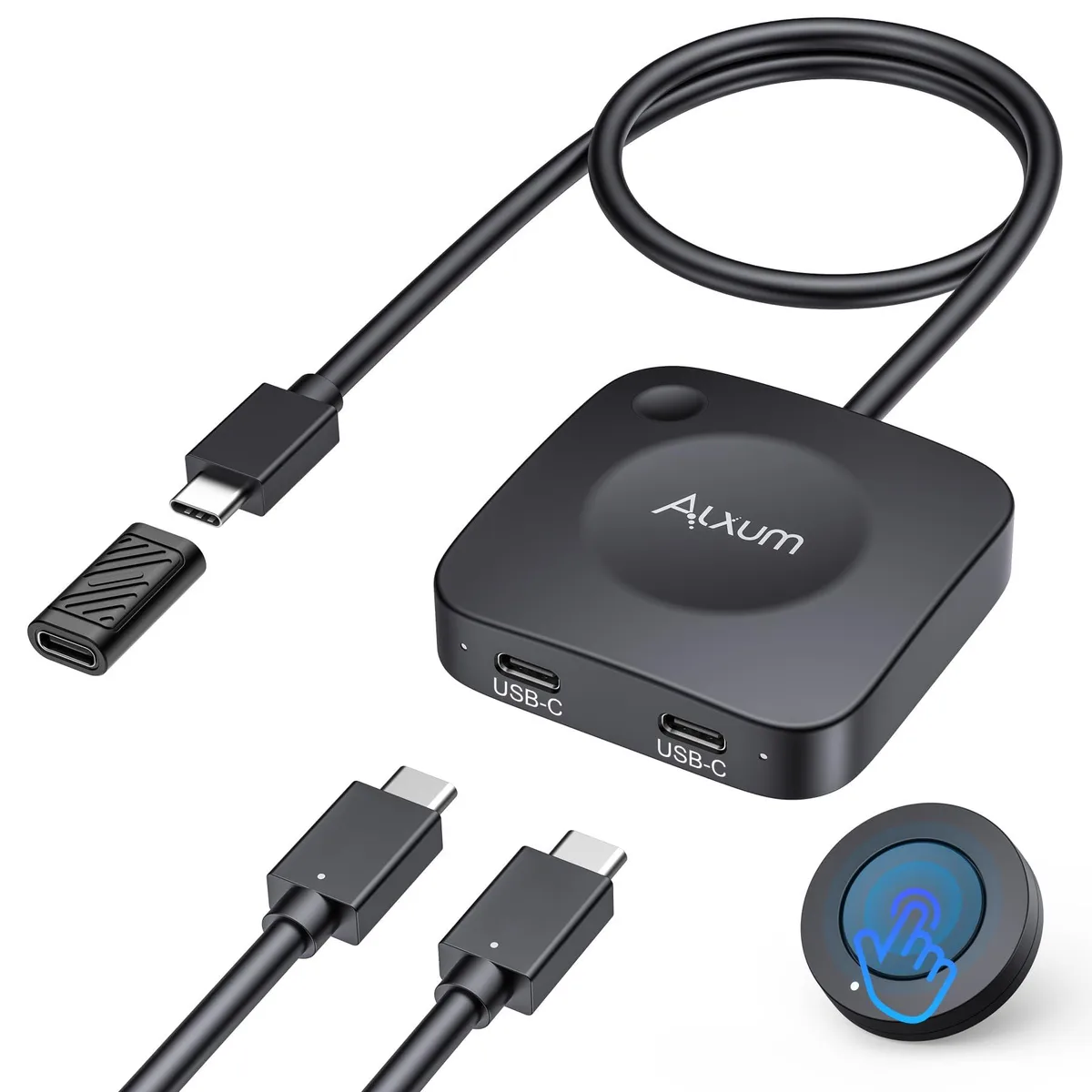 Compact plastic USB-C switch with remote, 5.5 cm square, 1.3 cm high