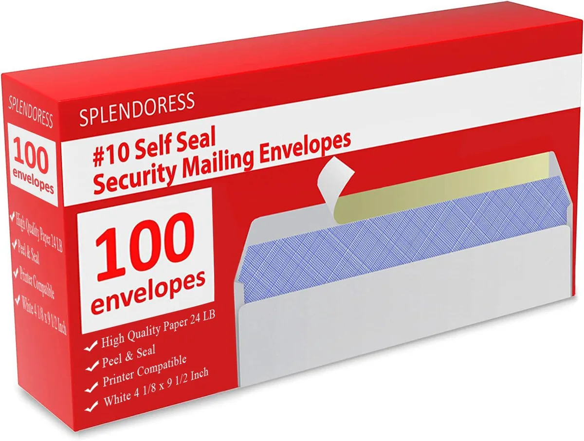 Box of 100 white #10 self-seal envelopes with security tint