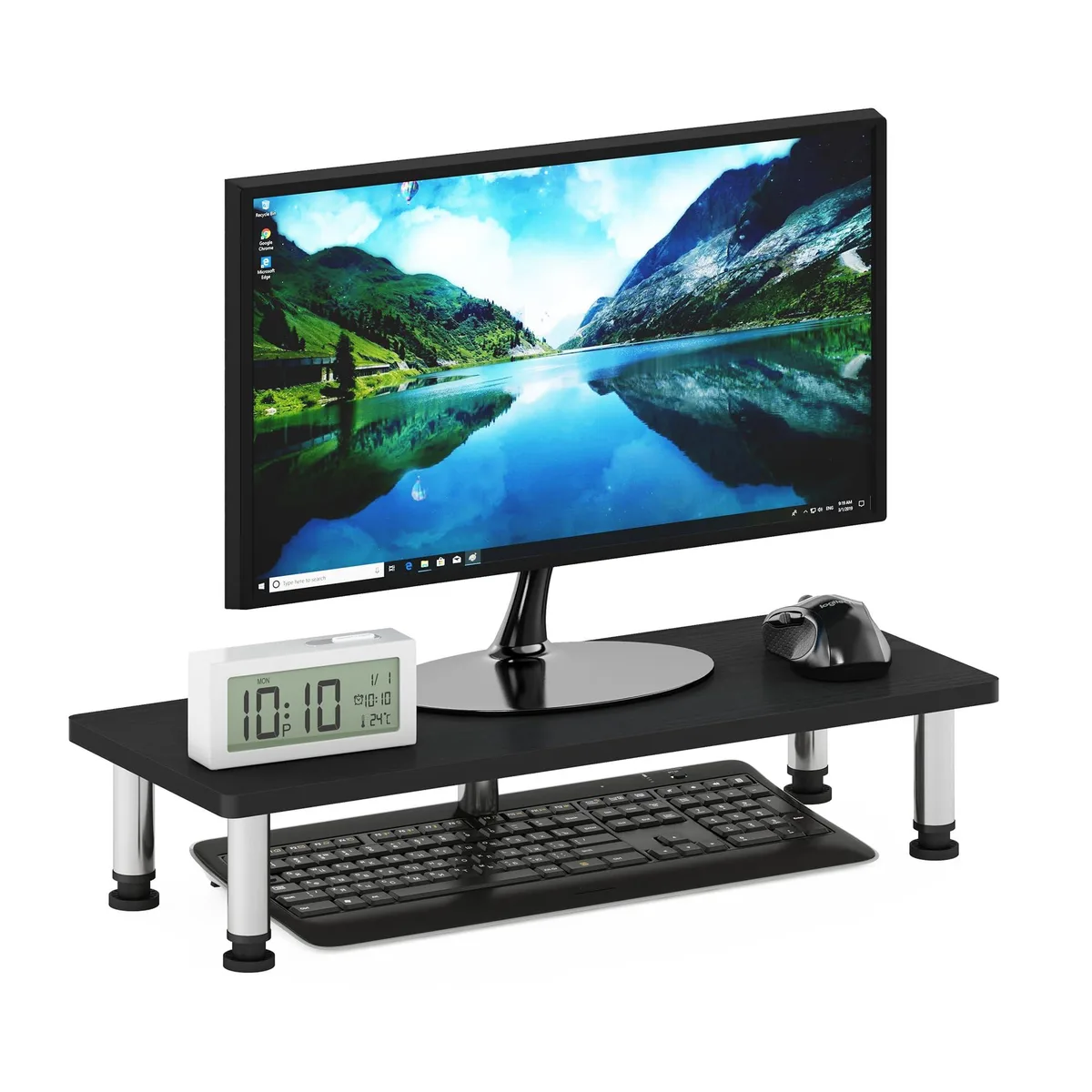 Compact wooden shelf with stainless steel tubes, Americano finish, 23.6 inches wide