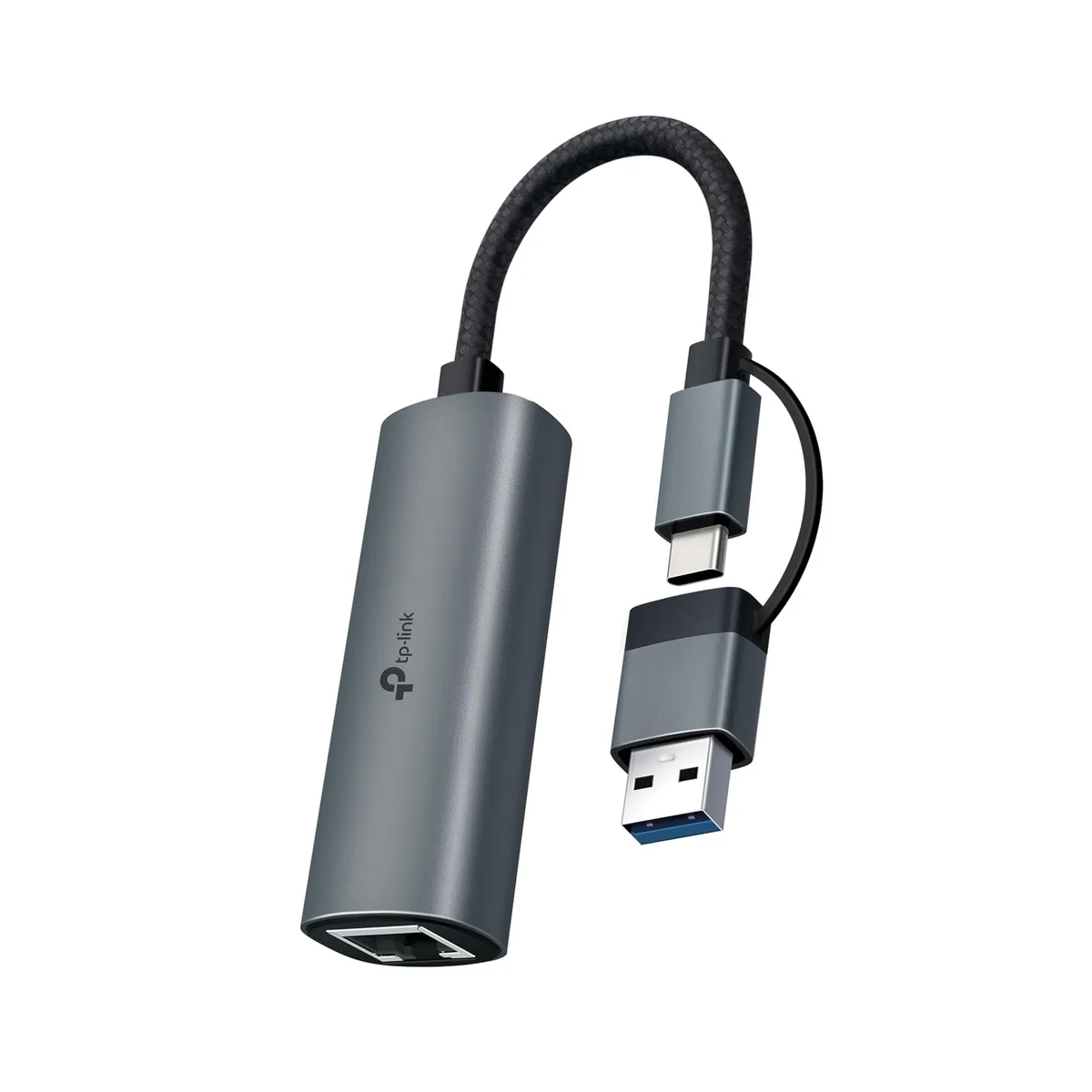 Small black aluminum adapter with USB-A and USB-C connectors and RJ45 port