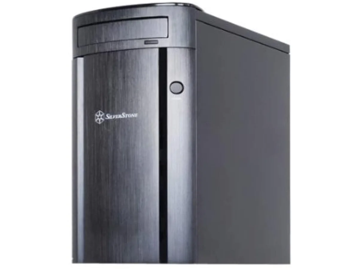 Black aluminum mid-tower server chassis with two 120 mm fans