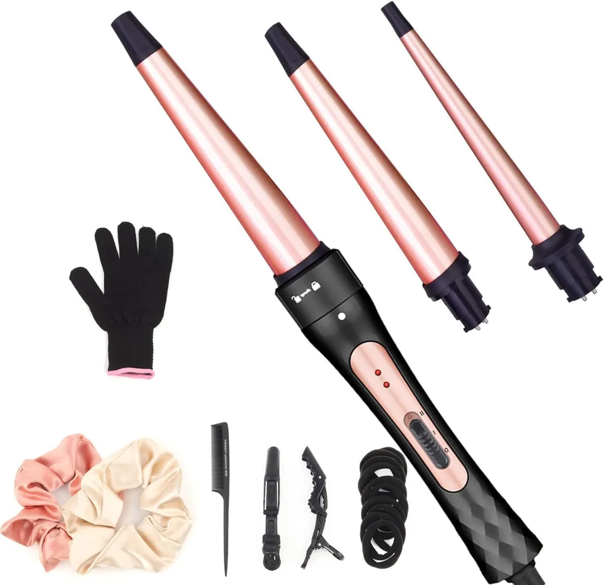 Black curling iron set with three interchangeable ceramic barrels and heatproof glove