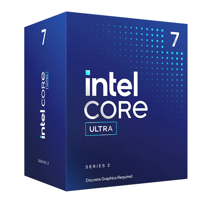 Rectangular green CPU package with gold contacts and silver heat spreader, boxed Intel Core Ultra 7 265F