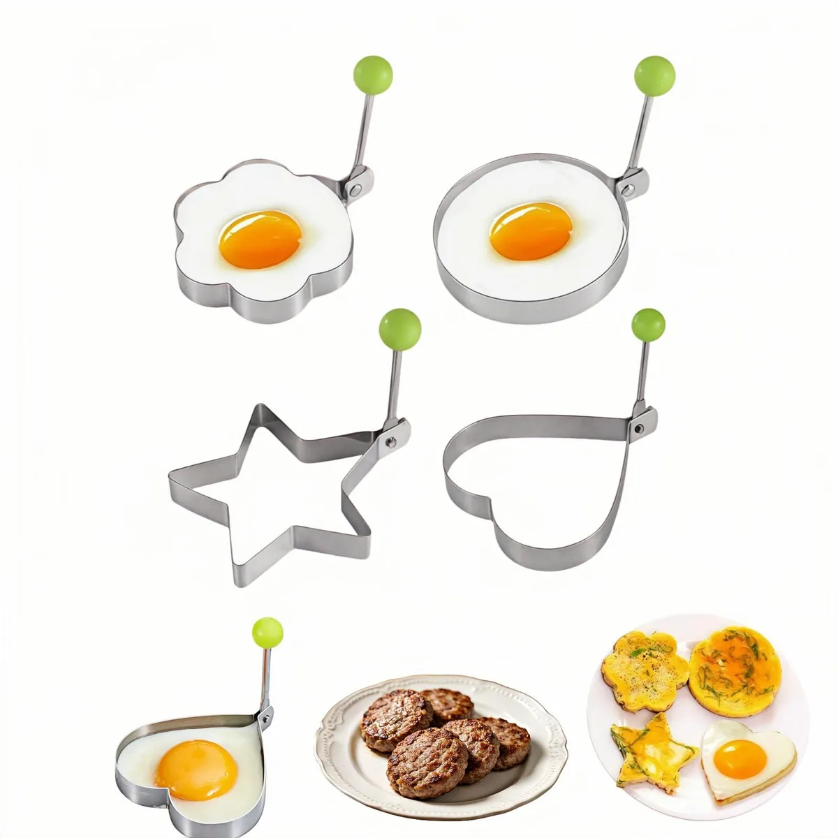 Four stainless steel egg rings in heart, star, flower and round shapes with foldable silicone-tipped handles