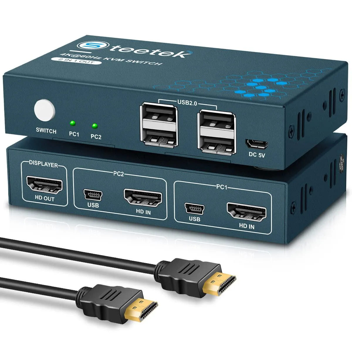 TOPRANK TOPRANK HDMI KVM Switch 2 Port 4K@60Hz 4 USB 2.0 — product photo