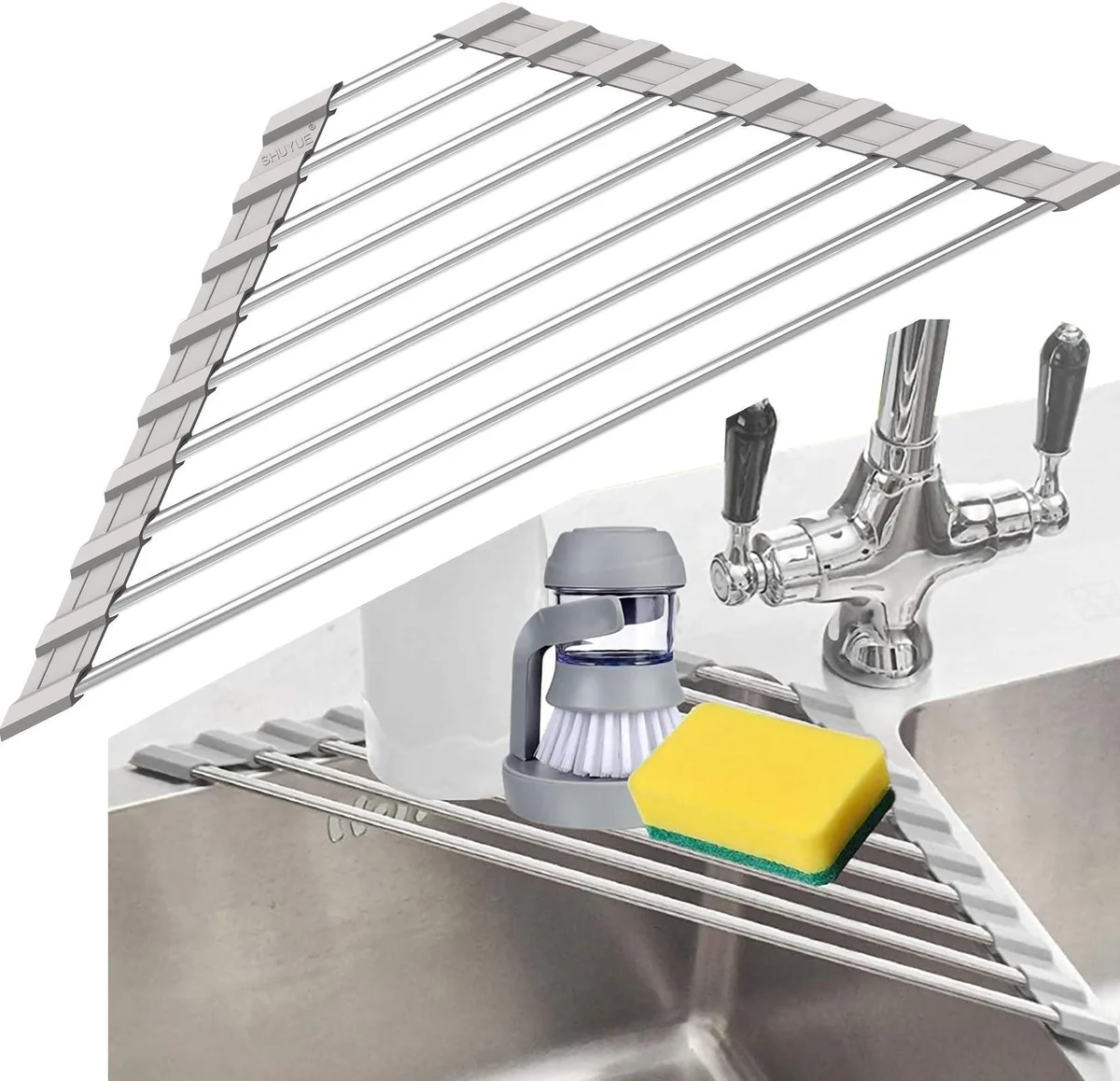 Grey triangular roll-up drying rack with stainless steel pipes and silicone ends, 16.3 by 9.2 inches