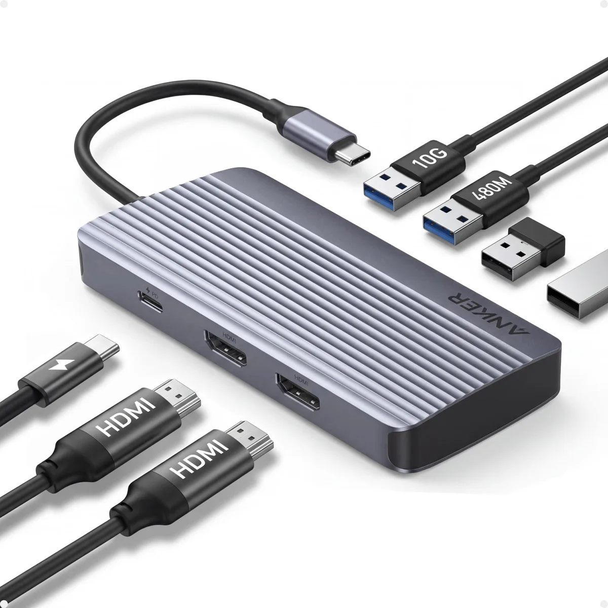 Compact gray aluminium dock, short cable, seven ports