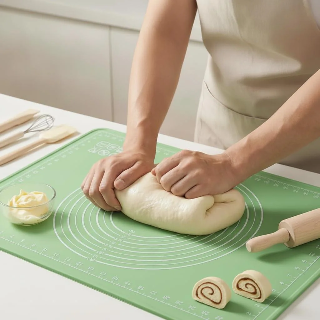 Green rectangular silicone baking mat 28 by 20 inches with raised edges and measurement markings