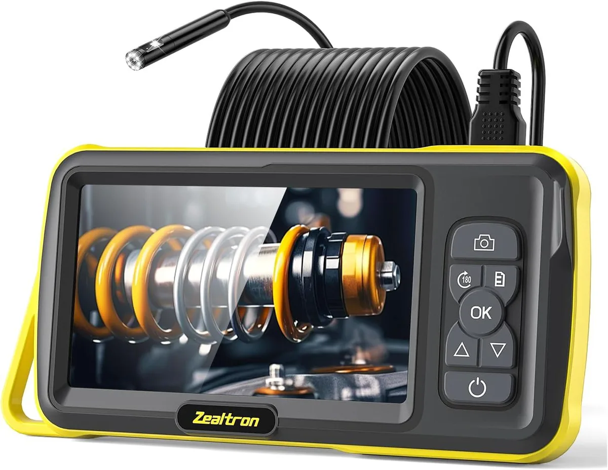 Handheld borescope with 5-inch IPS screen, dual-lens 8mm probe, 16.5ft semi-rigid cable