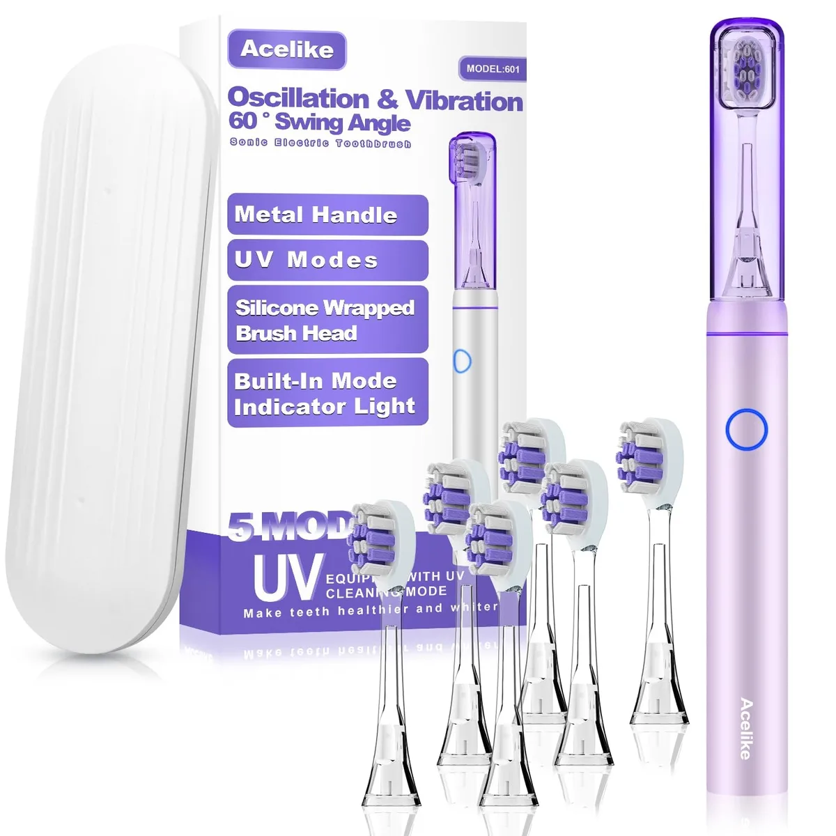 White electric toothbrush with frosted metal handle, travel case and six brush heads