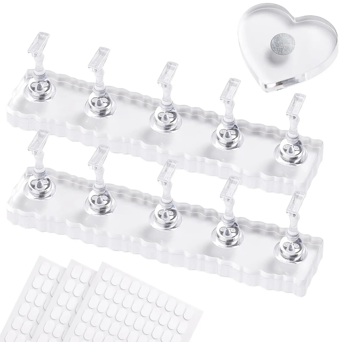 Black heart-shaped acrylic nail stand with two holder trays and 300 double-sided tape stickers