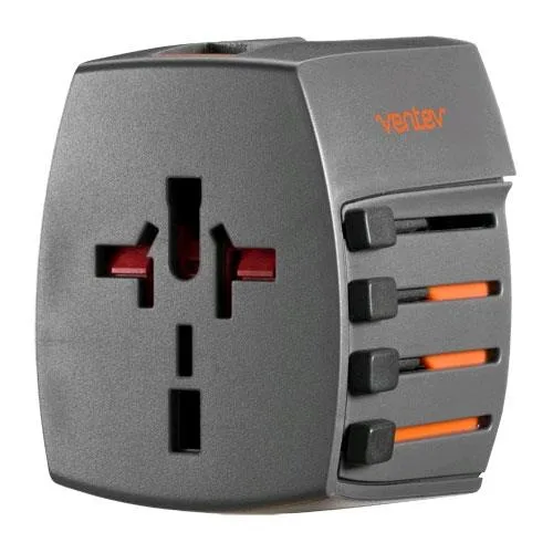 Compact white travel adapter with sliding prongs and two USB ports