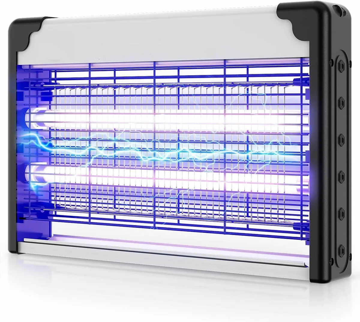 Rectangular indoor bug zapper with protective mesh grid and UV light tubes, stainless steel hook and removable collection tray
