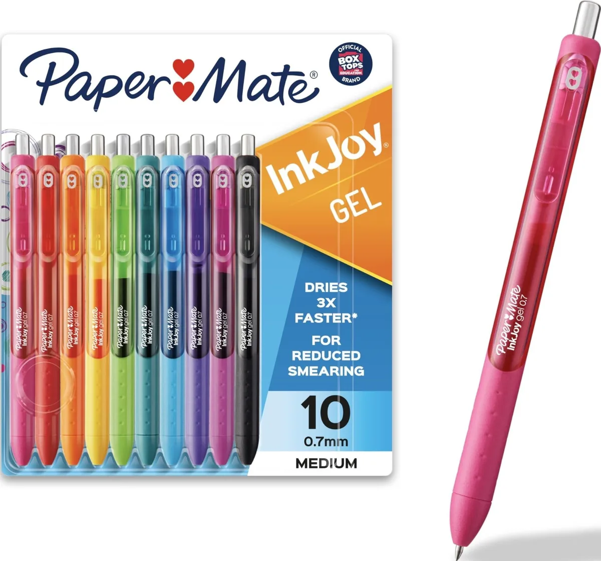 Ten assorted-colour gel pens with ergonomic plastic barrels and comfort grips
