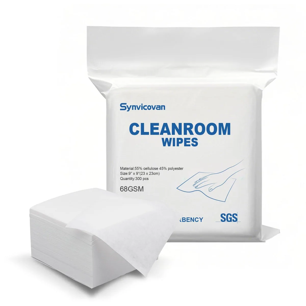 Synvicovan WK10026 Cleanroom Wipes 9"x9" 300 Pcs 68GSM 55% Cellulose 45% Polyester indoor maintenance — product photo