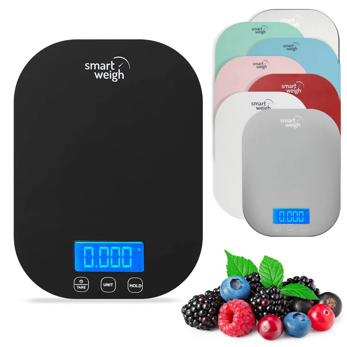 Silver digital kitchen scale with stainless steel finish, slim rectangular platform 18 by 13 cm, backlit LCD display, touch controls