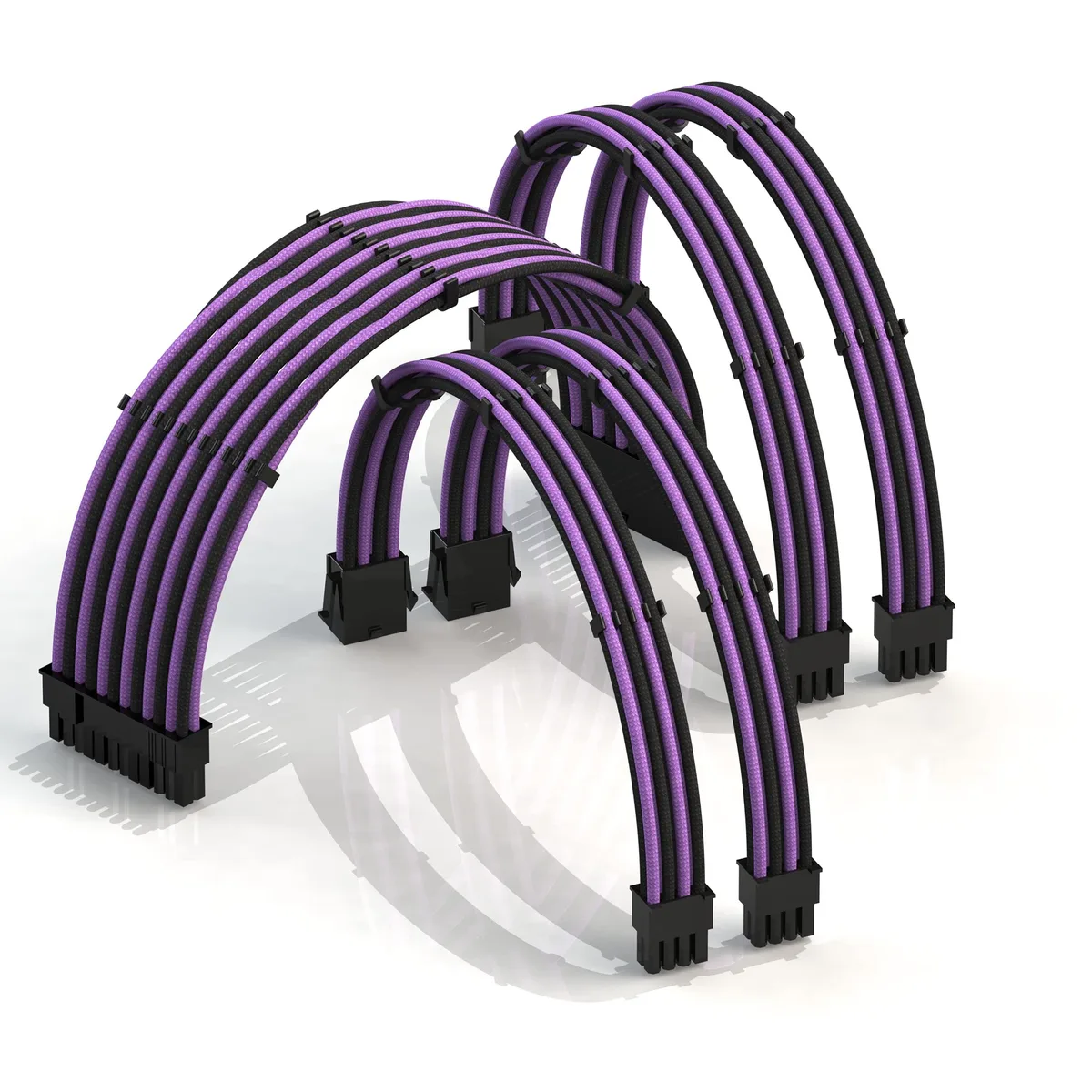 Braided purple-black PSU cable extension kit with 24-pin, CPU and GPU connectors and cable combs