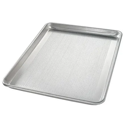 Perforated silver aluminum half sheet pan with closed bead edges