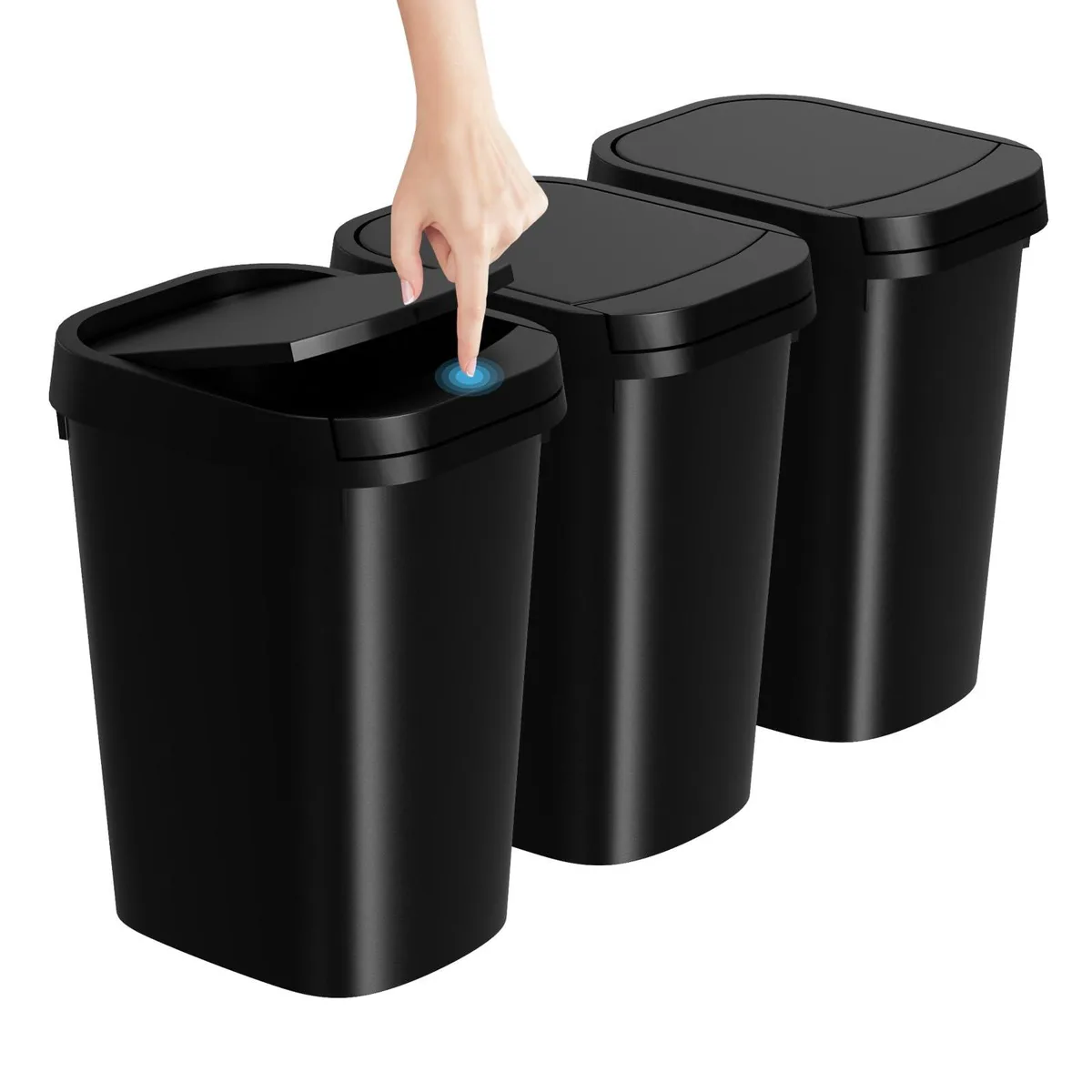 Three slim black 10-litre bins with pop-up lids