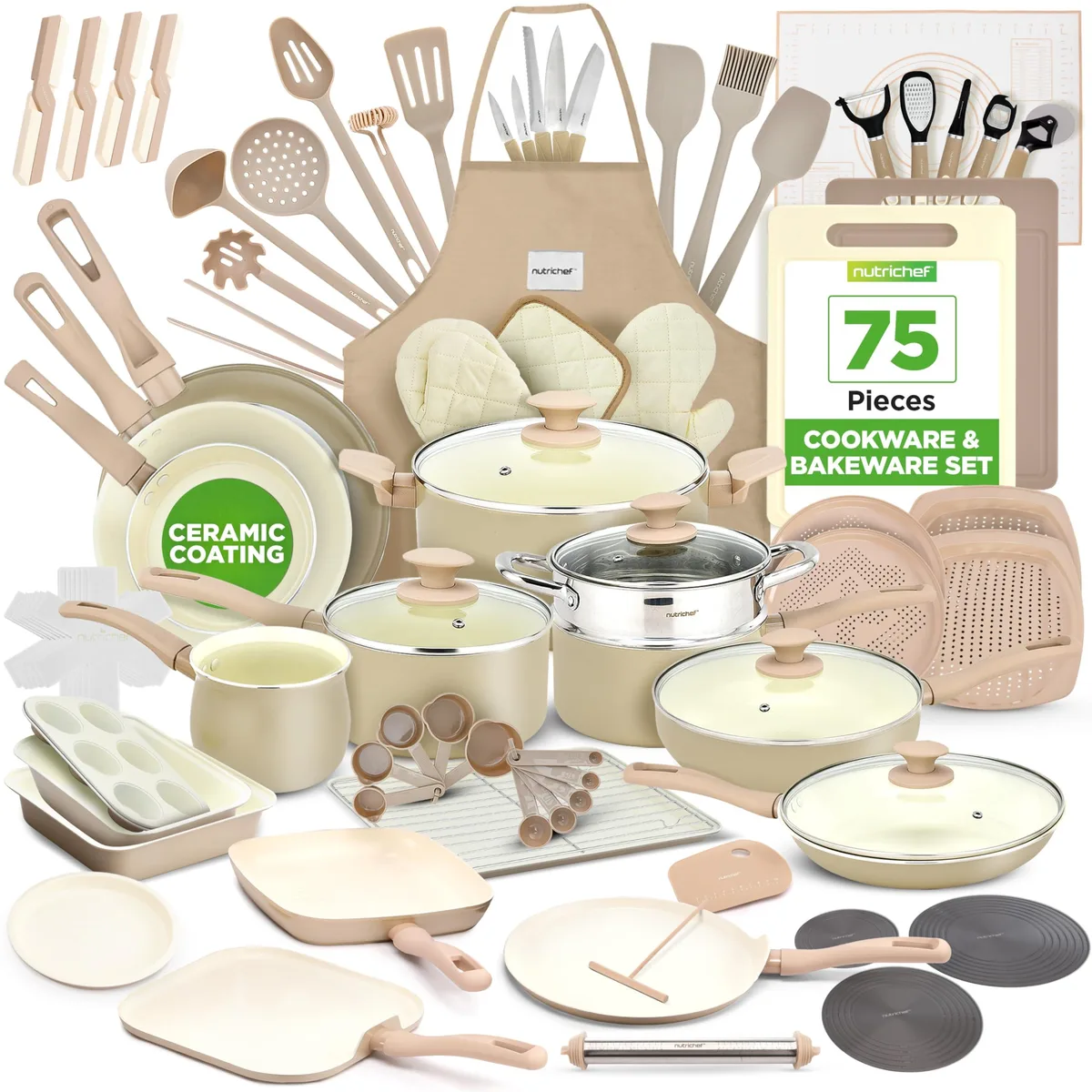Cream and brown ceramic cookware pieces with utensils and knives