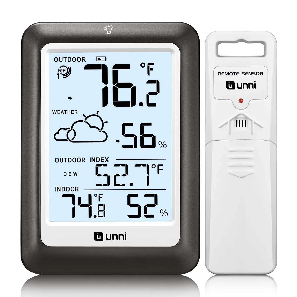 Black infrared thermometer with 4.5 inch backlit display and remote sensor