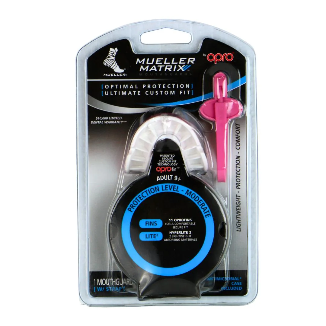 Pink Mueller Matrix mouthguard with open front palate, fitting handle, spacers, strap and case