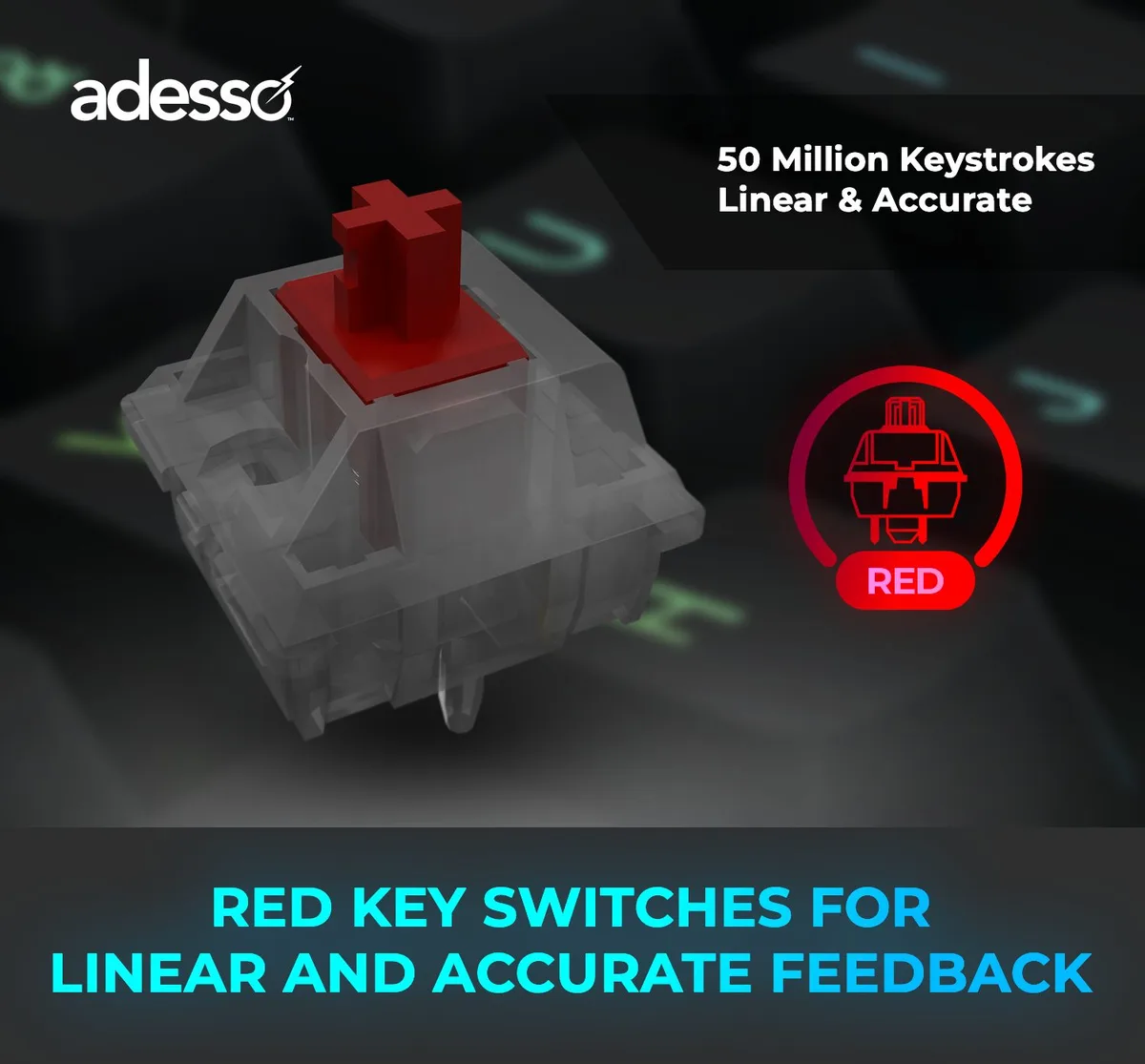 Full-size mechanical gaming keyboard with red switches and RGB backlighting