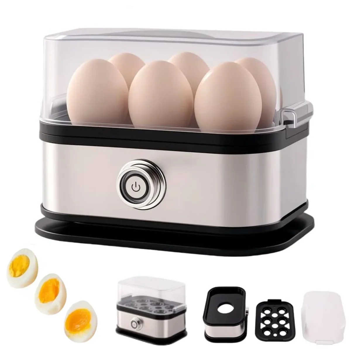 White plastic and stainless steel electric egg cooker with clear lid and knob control