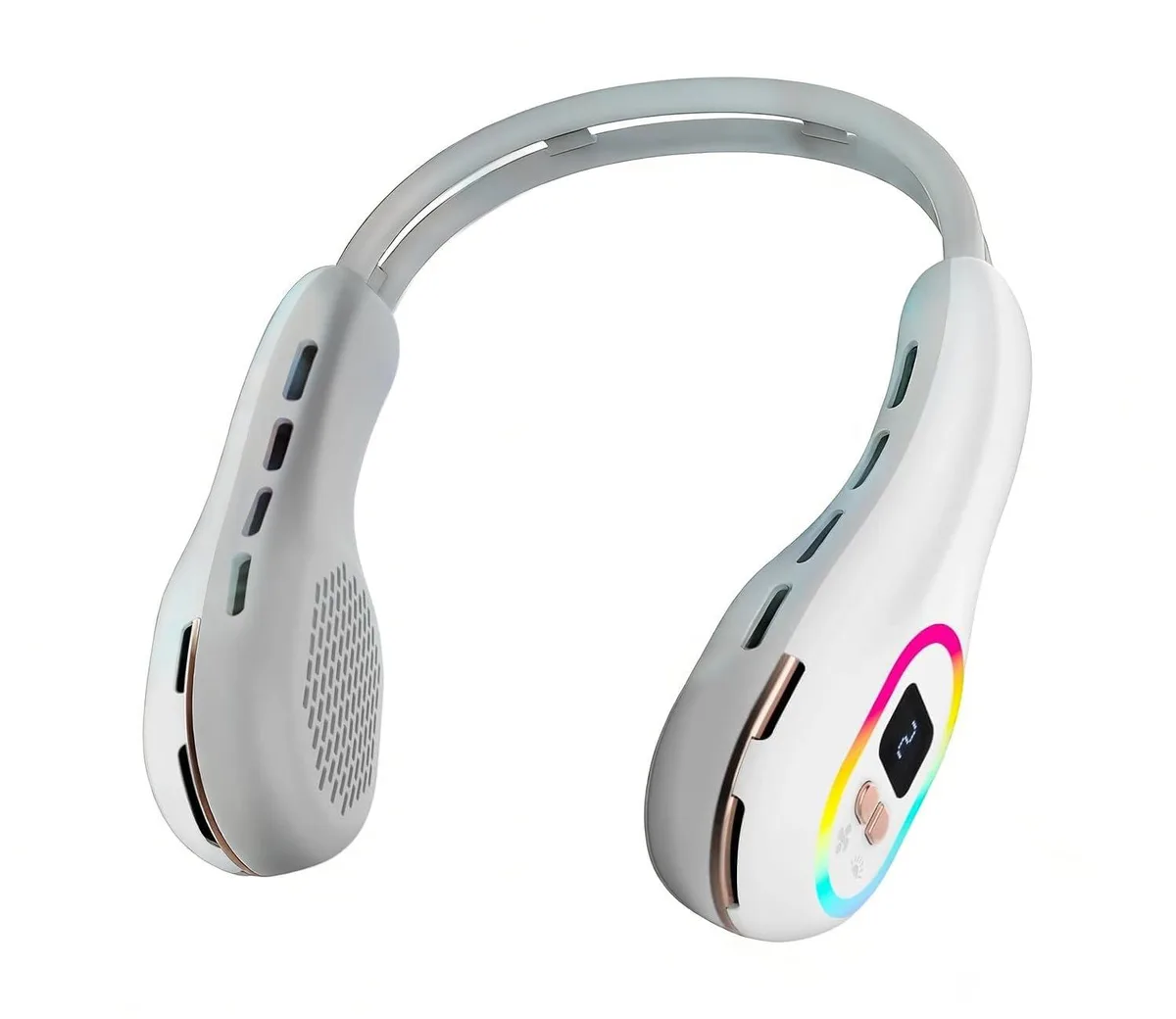 White wearable neck fan with flexible silicone arms and bladeless outlets