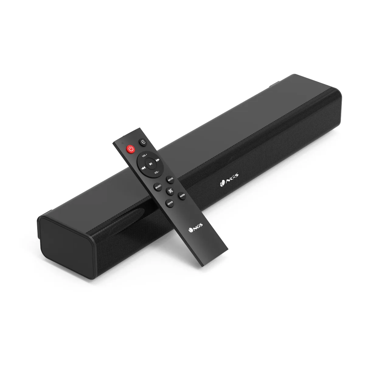 Black rectangular soundbar with front grille and top controls