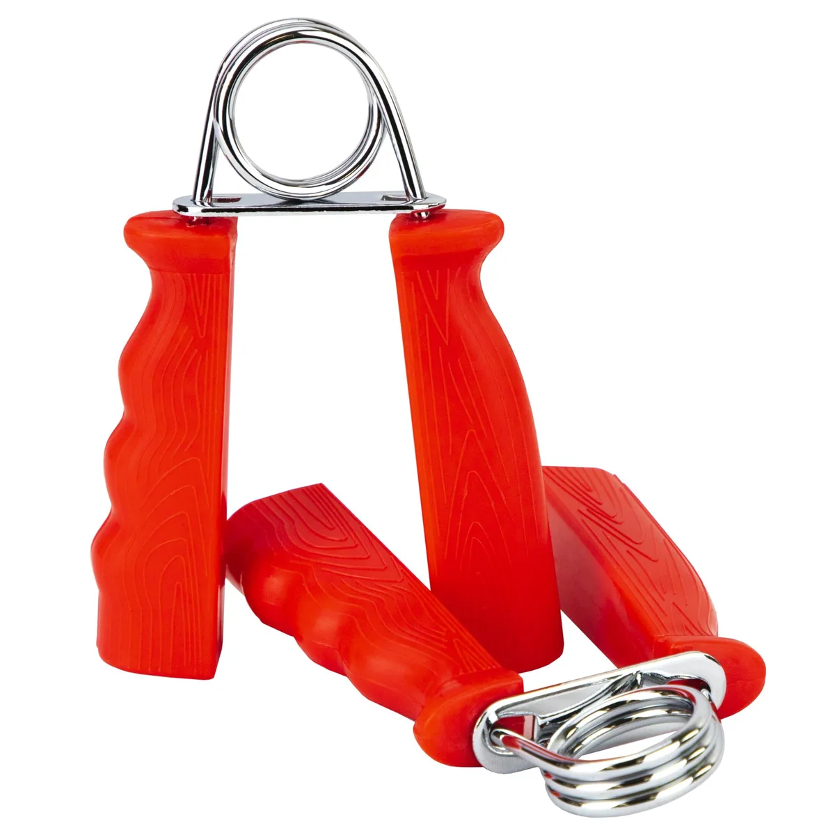 A pair of red hand grip exercisers with textured ergonomic handles
